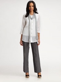 Breezy gauze adds an ethereal feel to this button-down design with a curved, ultra-feminine hem.Round neckThree-quarter sleevesButton frontCurved hemAbout 27 from shoulder to hemLinenMachine washImported Model shown is 5'9 (175cm) wearing US size Small. Breezy gauze adds an ethereal feel to this button-down design with a curved, ultra-feminine hem.Round neckThree-quarter sleevesButton frontCurved hemAbout 27 from shoulder to hemLinenMachine washImported Model shown is 5'9 (175cm) wearing US size Small.