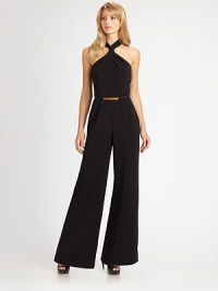 Elegant and minimal, this one-piece design features an alluring twist-front halter neckline.Halter-style twist necklineIncluded beltWide legRacerbackConcealed back zip and button closuresAbout 44 from natural waistTriacetate/polyester/polyurethaneDry cleanMade in USA of imported fabricModel shown is 5'10 (177cm) wearing US size 4. Elegant and minimal, this one-piece design features an alluring twist-front halter neckline.Halter-style twist necklineIncluded beltWide legRacerbackConcealed back zip and button closuresAbout 44 from natural waistTriacetate/polyester/polyurethaneDry cleanMade in USA of imported fabricModel shown is 5'10 (177cm) wearing US size 4.