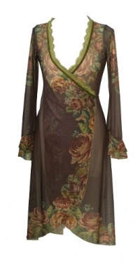 Brown Wrap Cardigan Designed by Michal Negrin with Victorian Floral Print, Long Sleeves, Ruffled Cuffs, Lace and Velvet Trim - Size XXL Brown Wrap Cardigan Designed by Michal Negrin with Victorian Floral Print, Long Sleeves, Ruffled Cuffs, Lace and Velvet Trim - Size XXL