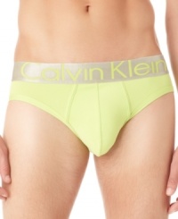 The barest essential: Steel Micro Hip Briefs from Calvin Klein with a steel-colored metallic waistband. The barest essential: Steel Micro Hip Briefs from Calvin Klein with a steel-colored metallic waistband.