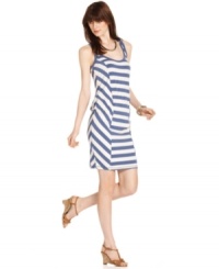 A striped dress is a summer staple! DKNY Jeans adds a stylish twist to this one with panels of diagonal stripes at the sides and a drop-waist silhouette.