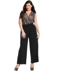 Look party-perfect in Spense's sleeveless plus size jumpsuit, highlighted by a lace top. Look party-perfect in Spense's sleeveless plus size jumpsuit, highlighted by a lace top.