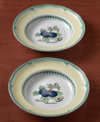 Bring the lush bounty of the French countryside to your table with this vibrant mix-and-match dinnerware and dishes collection from Villeroy & Boch. This scalloped rim soup bowl is available in four complementary patterns. The Fleurence pattern has a pale yellow center encircled with a garland of summer fruits. The Valence pattern has a yellow rim that surrounds a painted plum in the center. The Orange pattern features a green and yellow trellis on the rim while the Vienne pattern is white with a yellow rim that's framed by green edging and the recurring leaf garland. Bring the lush bounty of the French countryside to your table with this vibrant mix-and-match dinnerware and dishes collection from Villeroy & Boch. This scalloped rim soup bowl is available in four complementary patterns. The Fleurence pattern has a pale yellow center encircled with a garland of summer fruits. The Valence pattern has a yellow rim that surrounds a painted plum in the center. The Orange pattern features a green and yellow trellis on the rim while the Vienne pattern is white with a yellow rim that's framed by green edging and the recurring leaf garland.