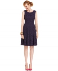 Jones New York's latest dress is lace perfection, outfitted with a flattering seamed waistline and gently pleated skirt. Jones New York's latest dress is lace perfection, outfitted with a flattering seamed waistline and gently pleated skirt.