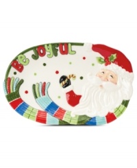Get wrapped up in the joy of the season with the Fitz and Floyd sentiment tray featuring one especially jolly Santa. With the sculpted detail in his face, scarf and hat, it's bursting with holiday cheer. Get wrapped up in the joy of the season with the Fitz and Floyd sentiment tray featuring one especially jolly Santa. With the sculpted detail in his face, scarf and hat, it's bursting with holiday cheer.