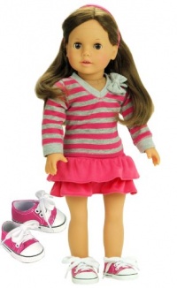 Doll Clothes 18 Inch Size Fits American Girl Dolls 3 Pc. Set, Pink & Gray Striped Shirt, Pink Skirt & Doll Sneakers
