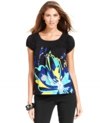 Style&co.'s petite tee features a bold graphic print and flattering pleated neckline! Style&co.'s petite tee features a bold graphic print and flattering pleated neckline!