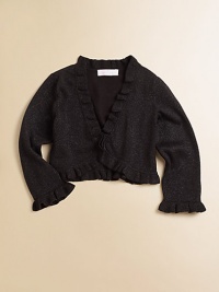 Cascading ruffles add girlish charm to a plush cotton bolero with metallic touches for dazzling style.Ruffled necklineThree-quarter sleeves with ruffled cuffsFront closureRuffled hemCottonMachine washImported Cascading ruffles add girlish charm to a plush cotton bolero with metallic touches for dazzling style.Ruffled necklineThree-quarter sleeves with ruffled cuffsFront closureRuffled hemCottonMachine washImported