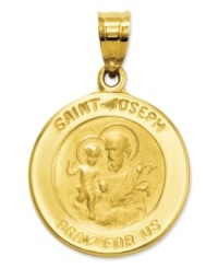 Keep divine inspiration close. This engraved medal reads Saint Joseph Pray For Us and features an intricate depiction on the front. Crafted in 14k gold. Chain not included. Approximate length: 9/10 inch. Approximate width: 6/10 inch. Keep divine inspiration close. This engraved medal reads Saint Joseph Pray For Us and features an intricate depiction on the front. Crafted in 14k gold. Chain not included. Approximate length: 9/10 inch. Approximate width: 6/10 inch.