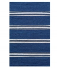 Retro blue stripes add instantly livability to any outdoor space. Hand-hooked polypropylene is surprisingly soft, enduringly bright and always easy to clean -- just hose it down and enjoy years of unique style. Retro blue stripes add instantly livability to any outdoor space. Hand-hooked polypropylene is surprisingly soft, enduringly bright and always easy to clean -- just hose it down and enjoy years of unique style.