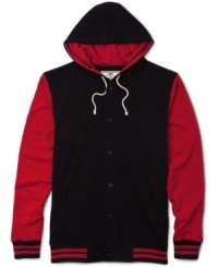 Chillax in this hooded baseball color block jacket by Chor. Chillax in this hooded baseball color block jacket by Chor.
