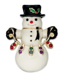 Go for the cold. This snowman brooch from Charter Club is crafted from black and white epoxy with gold-tone details and multicolored accents for the perfect wintry mix. Approximate drop: 2 inches.