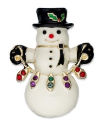 Go for the cold. This snowman brooch from Charter Club is crafted from black and white epoxy with gold-tone details and multicolored accents for the perfect wintry mix. Approximate drop: 2 inches. Go for the cold. This snowman brooch from Charter Club is crafted from black and white epoxy with gold-tone details and multicolored accents for the perfect wintry mix. Approximate drop: 2 inches.