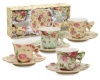 Gracie China Rose Chintz 2-Ounce Porcelain Espresso Cup and Saucer with Butterfly Handles, Set of 4