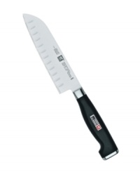 With a name that means three benefits in Japanese, no wonder so many people are going to the Santoku for all their mincing, slicing and dicing needs. Hollow indentations line the expertly honed blade, preventing food from sticking to it as you work. Precision forged from a single piece of exclusive high-carbon, stain-free steel, the blade is razor-sharp and perfectly balanced for precision control. Lifetime warranty. With a name that means three benefits in Japanese, no wonder so many people are going to the Santoku for all their mincing, slicing and dicing needs. Hollow indentations line the expertly honed blade, preventing food from sticking to it as you work. Precision forged from a single piece of exclusive high-carbon, stain-free steel, the blade is razor-sharp and perfectly balanced for precision control. Lifetime warranty.