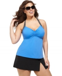 Fit 4 U's plus size tankini top makes a splash with contrasting polka dot-printed straps! Fit 4 U's plus size tankini top makes a splash with contrasting polka dot-printed straps!