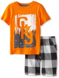 Calvin Klein Boys 2-7 2 Piece Short Sleeve Top With Plaided Short, Orange, 7 Calvin Klein Boys 2-7 2 Piece Short Sleeve Top With Plaided Short, Orange, 7