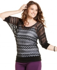 Flaunt your sassy side with Eyeshadow's elbow sleeve plus size top, crafted from sheer lace. (Clearance) Flaunt your sassy side with Eyeshadow's elbow sleeve plus size top, crafted from sheer lace. (Clearance)