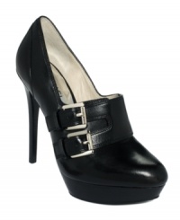 Buckled up and fabulous. The vamp of MICHAEL Michael Kors' Becca pumps is composed of two lovely buckled straps. Buckled up and fabulous. The vamp of MICHAEL Michael Kors' Becca pumps is composed of two lovely buckled straps.