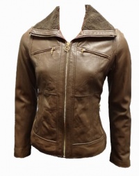 Michael Kors Zip Front Knitted Collar Leather Jacket-Cocoa-L Michael Kors Zip Front Knitted Collar Leather Jacket-Cocoa-L