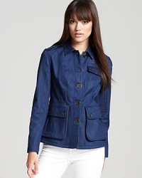 Calvary is calling this season. With a structured chambray silhouette and a surprising peplum back, this Burberry Brit coat captures equestrian-chic with a decidedly feminine flair. Calvary is calling this season. With a structured chambray silhouette and a surprising peplum back, this Burberry Brit coat captures equestrian-chic with a decidedly feminine flair.