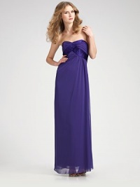 A luxe Empire style with a hint of tucked satin and asymmetrical seaming. Pleated crossover bodice Side zip closure Pleated and draped accent at back waist About 43½ from natural waist to hem Polyester lining Polyester chiffon; silk satin Dry clean Made in USAOUR FIT MODEL RECOMMENDS ordering true size.. A luxe Empire style with a hint of tucked satin and asymmetrical seaming. Pleated crossover bodice Side zip closure Pleated and draped accent at back waist About 43½ from natural waist to hem Polyester lining Polyester chiffon; silk satin Dry clean Made in USAOUR FIT MODEL RECOMMENDS ordering true size..