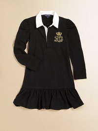 A soft cotton jersey dress is designed like a rugby with a twill collar and signature details for a cool authentic look and is finished with puffed sleeves and a ruffled hem for a hint of preppy collegiate style.Twill rugby collarLong puffed sleevesConcealed three-button placket and crystal button at collar bandRuffled hemCottonMachine washImported Please note: Number of buttons may vary depending on size ordered. A soft cotton jersey dress is designed like a rugby with a twill collar and signature details for a cool authentic look and is finished with puffed sleeves and a ruffled hem for a hint of preppy collegiate style.Twill rugby collarLong puffed sleevesConcealed three-button placket and crystal button at collar bandRuffled hemCottonMachine washImported Please note: Number of buttons may vary depending on size ordered.