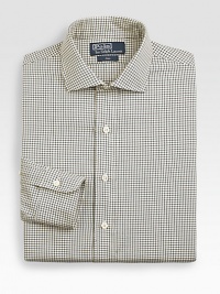 Expertly tailored for a trim fit from crisp cotton twill, printed in a tattersall design for polished refinement. Buttonfront Moderate spread collar Embroidered logo detail Cotton Machine wash Imported Expertly tailored for a trim fit from crisp cotton twill, printed in a tattersall design for polished refinement. Buttonfront Moderate spread collar Embroidered logo detail Cotton Machine wash Imported