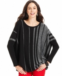 Add a dash of sparkle to your ensemble in Alfani's poncho-style sweater. A swingy fit and metallic stripes add the right touch of sophistication to casual days. Add a dash of sparkle to your ensemble in Alfani's poncho-style sweater. A swingy fit and metallic stripes add the right touch of sophistication to casual days.