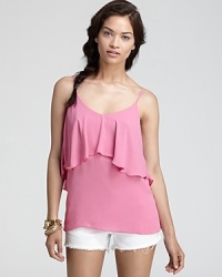 A softly ruffled layer lends ethereal style to this versatile Aqua cami with v back. A softly ruffled layer lends ethereal style to this versatile Aqua cami with v back.