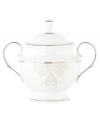 Refine your formal table with classic cream and white Lenox dinnerware. Dishes, including this Opal Innocence Scroll bone china sugar bowl, are trimmed in platinum and accented with a raised dot and scroll pattern, bringing contemporary grace to special occasions. A pearlized finish adds subtle shimmer.