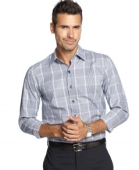 This slim-fit plaid shirt from Tasso Elba gives your look a crisp overhaul. This slim-fit plaid shirt from Tasso Elba gives your look a crisp overhaul.