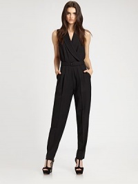 A stunning silhouette rendered in rich wool suiting with standout details like a sheer back panel, front pleats and flattering tapered legs.V-neckWrap frontSleevelessPull-on style with belted waistSide slash pocketsRise, about 9½Inseam, about 30About 64 from shoulder to hemFully linedWoolDry cleanImportedModel shown is 5'10 (177cm) wearing US size 4. A stunning silhouette rendered in rich wool suiting with standout details like a sheer back panel, front pleats and flattering tapered legs.V-neckWrap frontSleevelessPull-on style with belted waistSide slash pocketsRise, about 9½Inseam, about 30About 64 from shoulder to hemFully linedWoolDry cleanImportedModel shown is 5'10 (177cm) wearing US size 4.