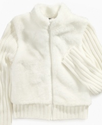 Give her the look of luxury with this faux-fur full zip sweater from Forever and Ever. Give her the look of luxury with this faux-fur full zip sweater from Forever and Ever.