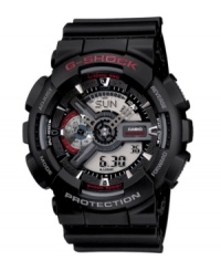 All your bases are covered with ultra-tough analog-digital watch by G-Shock. Black resin strap and round case. Red logo at bezel. Shock-resistant, magnetic-resistant analog and digital display dial features auto LED light, world time, four daily alarms, one snooze, stopwatch with speed indicator, countdown timer, home city/word time swapping function and 12/24 hour formats. Quartz movement. Water resistant to 200 meters. One-limited warranty. All your bases are covered with ultra-tough analog-digital watch by G-Shock. Black resin strap and round case. Red logo at bezel. Shock-resistant, magnetic-resistant analog and digital display dial features auto LED light, world time, four daily alarms, one snooze, stopwatch with speed indicator, countdown timer, home city/word time swapping function and 12/24 hour formats. Quartz movement. Water resistant to 200 meters. One-limited warranty.