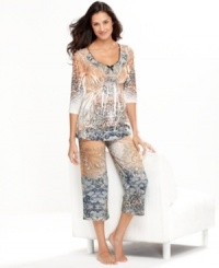 Let the pretty prints of Style&co's pajamas brighten up your day. The top features 3/4 length sleeves and a decorative trim around the v-neck while the roomy capri pants feature an elastic waistband. Let the pretty prints of Style&co's pajamas brighten up your day. The top features 3/4 length sleeves and a decorative trim around the v-neck while the roomy capri pants feature an elastic waistband.
