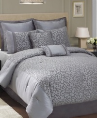 Settle in a maze of silvery style with the Plaza comforter set, featuring a sweeping grey-on-grey flourish design with cord embellishments. The neutral tones and sleek design match any room decor, and coordinating decorative pillows, European shams and bedskirt create a full, polished finish. (Clearance) Settle in a maze of silvery style with the Plaza comforter set, featuring a sweeping grey-on-grey flourish design with cord embellishments. The neutral tones and sleek design match any room decor, and coordinating decorative pillows, European shams and bedskirt create a full, polished finish. (Clearance)