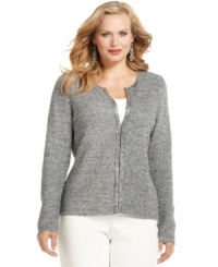 A marled metallic knit sparkles on Charter Club's plus size cardigan. It's makes a great layering piece for holiday time, too. A marled metallic knit sparkles on Charter Club's plus size cardigan. It's makes a great layering piece for holiday time, too.
