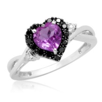 10k White Gold Heart Shaped Amethyst with Round Black and White Diamond Ring