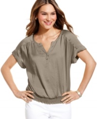 A subtle sheen gives Alfani's romantic peasant petite blouse a touch of modern chic. The smocked hem and blouson silhouette keep it as soft and feminine as its inspiration. A subtle sheen gives Alfani's romantic peasant petite blouse a touch of modern chic. The smocked hem and blouson silhouette keep it as soft and feminine as its inspiration.