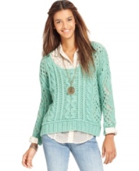 Allover open stitching lends a modern appeal to this Free People cable knit sweater -- a hot layering piece! Allover open stitching lends a modern appeal to this Free People cable knit sweater -- a hot layering piece!
