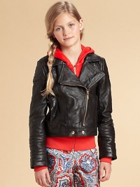 She'll look cooler than ever in this leather motorcycle jacket with decorative stitching and an asymmetrical zip front.Notched lapelAsymmetrical zip front closure with bottom snapsLong sleevesSlash side pocketsFully linedLeatherDry clean with professionalImported