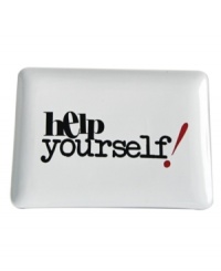 Send a message. Playful black and red type on this platter from Salt&Pepper's Party! serveware and serving dishes collection invites guests to help themselves. Ultra-sturdy porcelain speeds prep and cleanup for added fun. Send a message. Playful black and red type on this platter from Salt&Pepper's Party! serveware and serving dishes collection invites guests to help themselves. Ultra-sturdy porcelain speeds prep and cleanup for added fun.