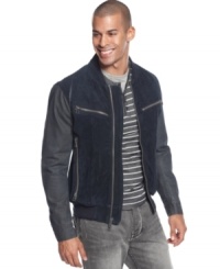 Uniquely rugged. Suit up in this Sean John suede and denim jacket for a look with a streetwise edge. (Clearance) Uniquely rugged. Suit up in this Sean John suede and denim jacket for a look with a streetwise edge. (Clearance)