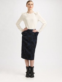 Fitted pencil skirt in a contrasting floral print with structured pocket details for a modern feel. Back zipperRuffle-detail pocketsAbout 27 longPolyesterDry cleanImportedModel shown is 5'11 (178cm) wearing US size 4. Fitted pencil skirt in a contrasting floral print with structured pocket details for a modern feel. Back zipperRuffle-detail pocketsAbout 27 longPolyesterDry cleanImportedModel shown is 5'11 (178cm) wearing US size 4.