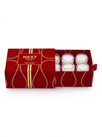 Captures the aroma of a sparkling holiday season. A total of six votives per box fragranced with inviting notes of pomegranate, mandarin orange, pine, cloves and cinnamon. Housed in elegant miniature glass vessels and presented in a red velvet box. Created by Laura Slatkin. Approximately 2 to 3 hours of burn time per votive. Captures the aroma of a sparkling holiday season. A total of six votives per box fragranced with inviting notes of pomegranate, mandarin orange, pine, cloves and cinnamon. Housed in elegant miniature glass vessels and presented in a red velvet box. Created by Laura Slatkin. Approximately 2 to 3 hours of burn time per votive.
