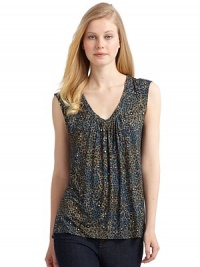 THE LOOKAllover abstract printSleevelessGentle ruchingTHE FITAbout 24 from shoulder to hemTHE MATERIALCottonCARE & ORIGINDry cleanMade in USAModel shown is 5'10½ (179cm) wearing US size Small. THE LOOKAllover abstract printSleevelessGentle ruchingTHE FITAbout 24 from shoulder to hemTHE MATERIALCottonCARE & ORIGINDry cleanMade in USAModel shown is 5'10½ (179cm) wearing US size Small.