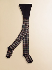 Opaque, stretch tights adorned with a festive tartan print.Elastic waistSmooth from waist to hips53% polyester/45% cotton/2% spandexMachine washMade in USA Opaque, stretch tights adorned with a festive tartan print.Elastic waistSmooth from waist to hips53% polyester/45% cotton/2% spandexMachine washMade in USA