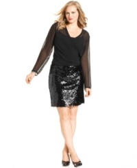 A sheer beauty: DKNYC's long sleeve plus size dress, showcasing a sequined skirt!