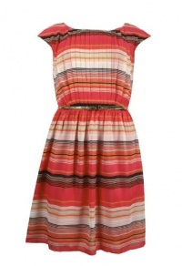 Pleated Front Stripe Chiffon Dress with Gold Belt - Size 16 Pleated Front Stripe Chiffon Dress with Gold Belt - Size 16